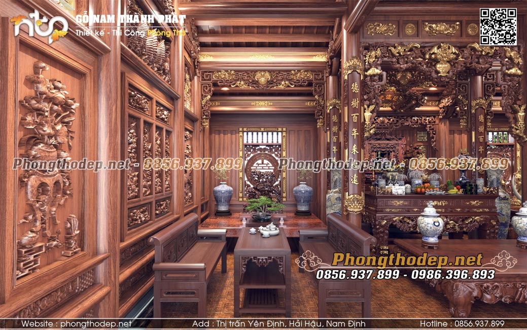 Bố trí gian trái Nội thất nhà gỗ 3 gian đẹp